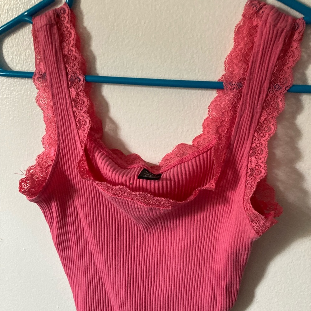 SHEIN Pink Lace Trim Crop Top